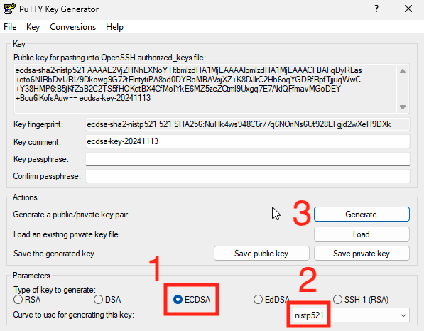 Settings for ECDSA key in PuTTYgen (same for MobaKeyGen). Choose settings before clicking Generate.