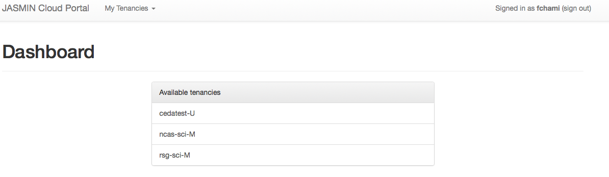 dashboard showing tenancies available to this user